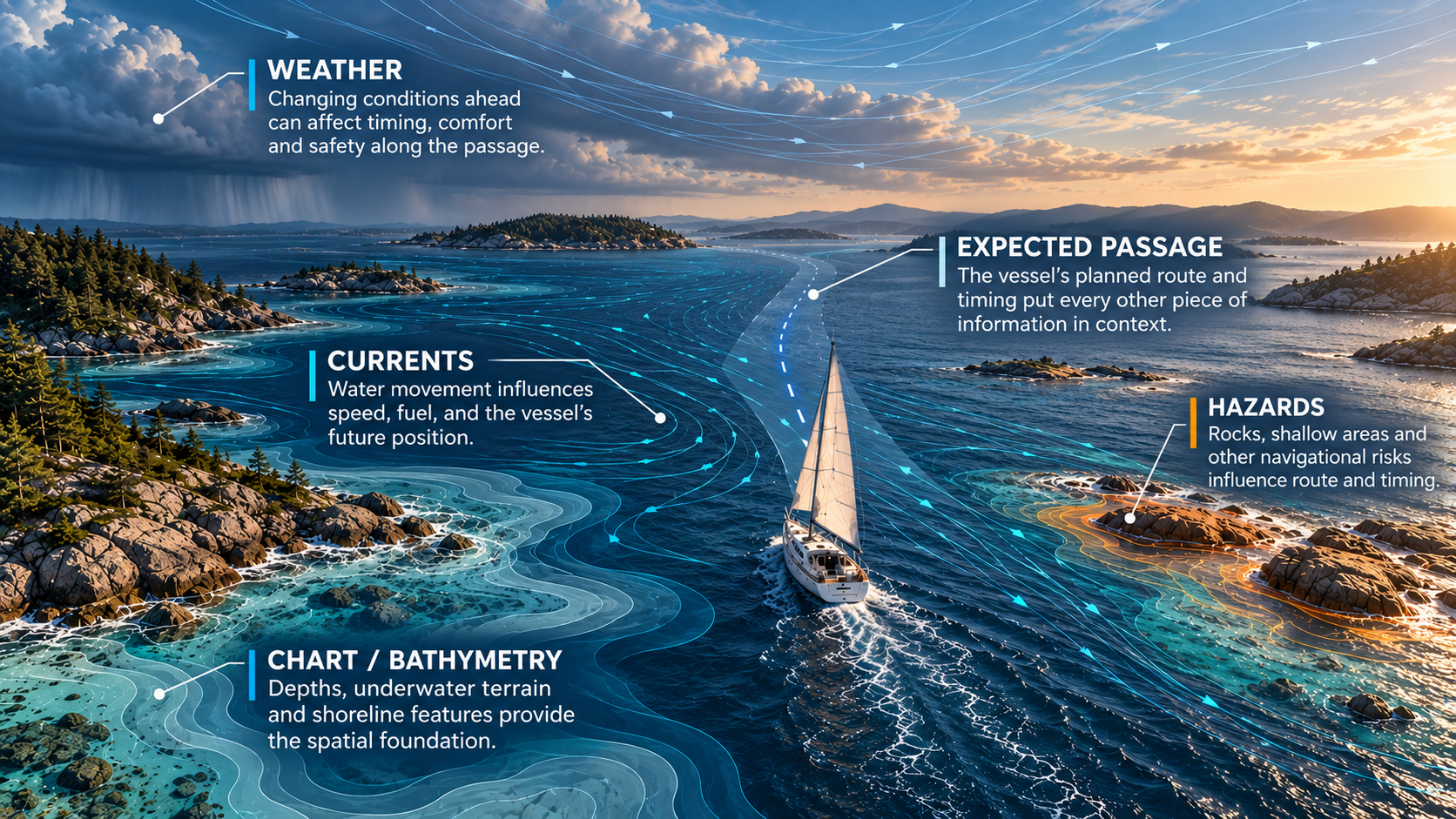 Sailboat navigating a coastal passage with annotated layers for chart bathymetry, currents, weather, expected passage, and navigational hazards.