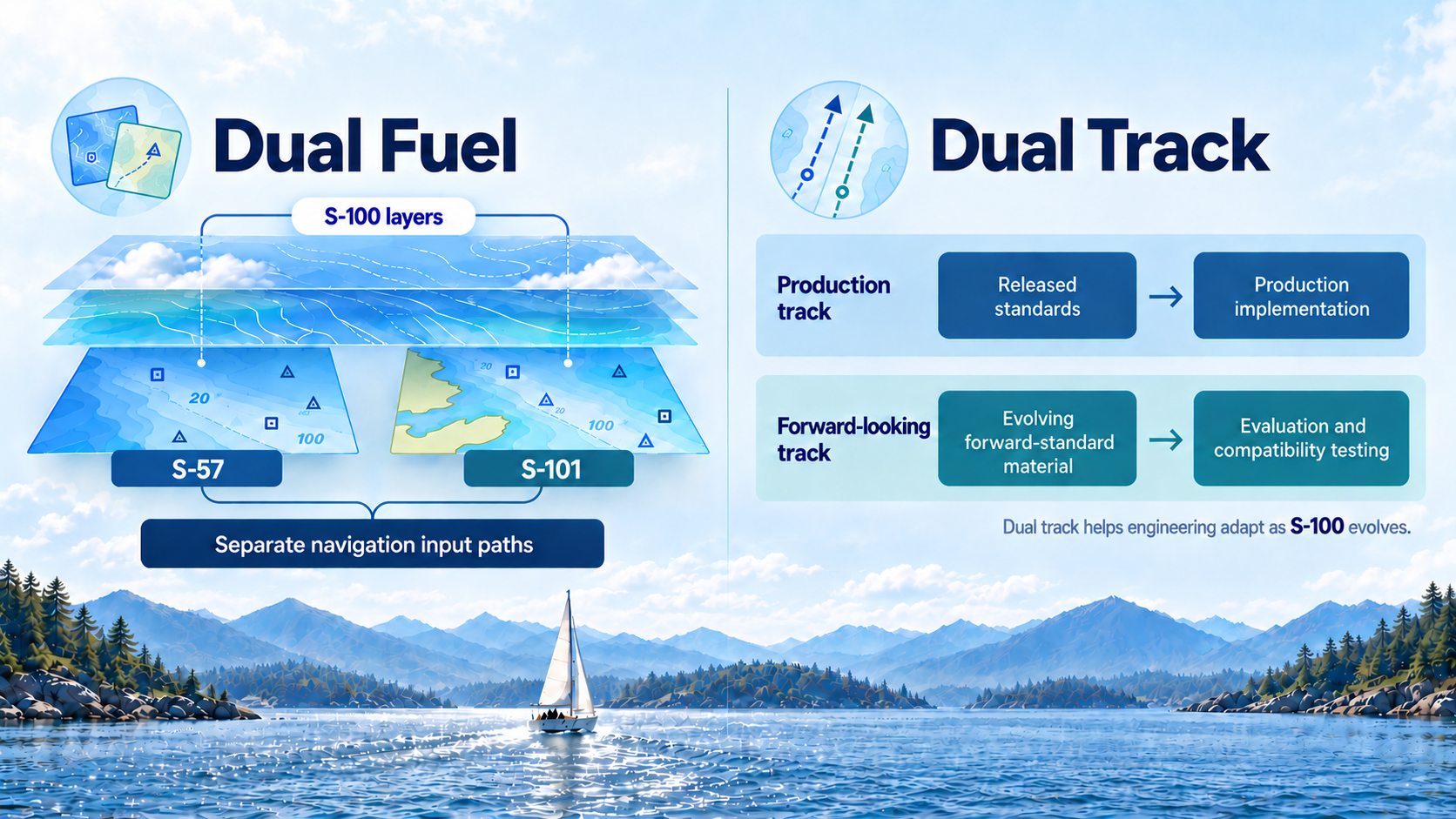 Diagram contrasting IHO Dual Fuel, with separate S-57 and S-101 navigation input paths, and FINN dual-track engineering, with released standards feeding production while evolving standards undergo evaluation and compatibility testing.