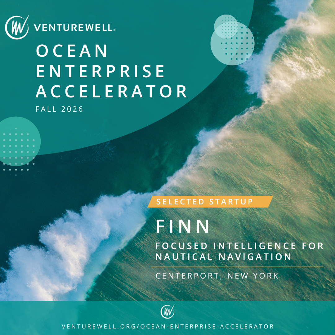 VentureWell Ocean Enterprise Accelerator Fall 2026 graphic naming FINN as a selected startup.