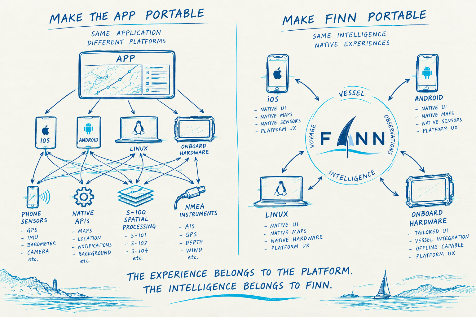 Hand-drawn FINN architecture illustration contrasting making an app portable with making FINN's shared marine intelligence portable across native platforms and onboard hardware.