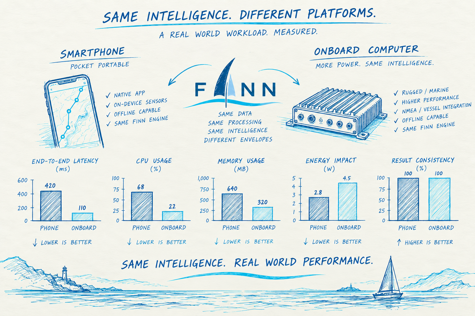 Hand-drawn FINN benchmarking concept comparing the same marine intelligence workload on a smartphone and an onboard computer, with example measures for latency, CPU, memory, energy and result consistency.